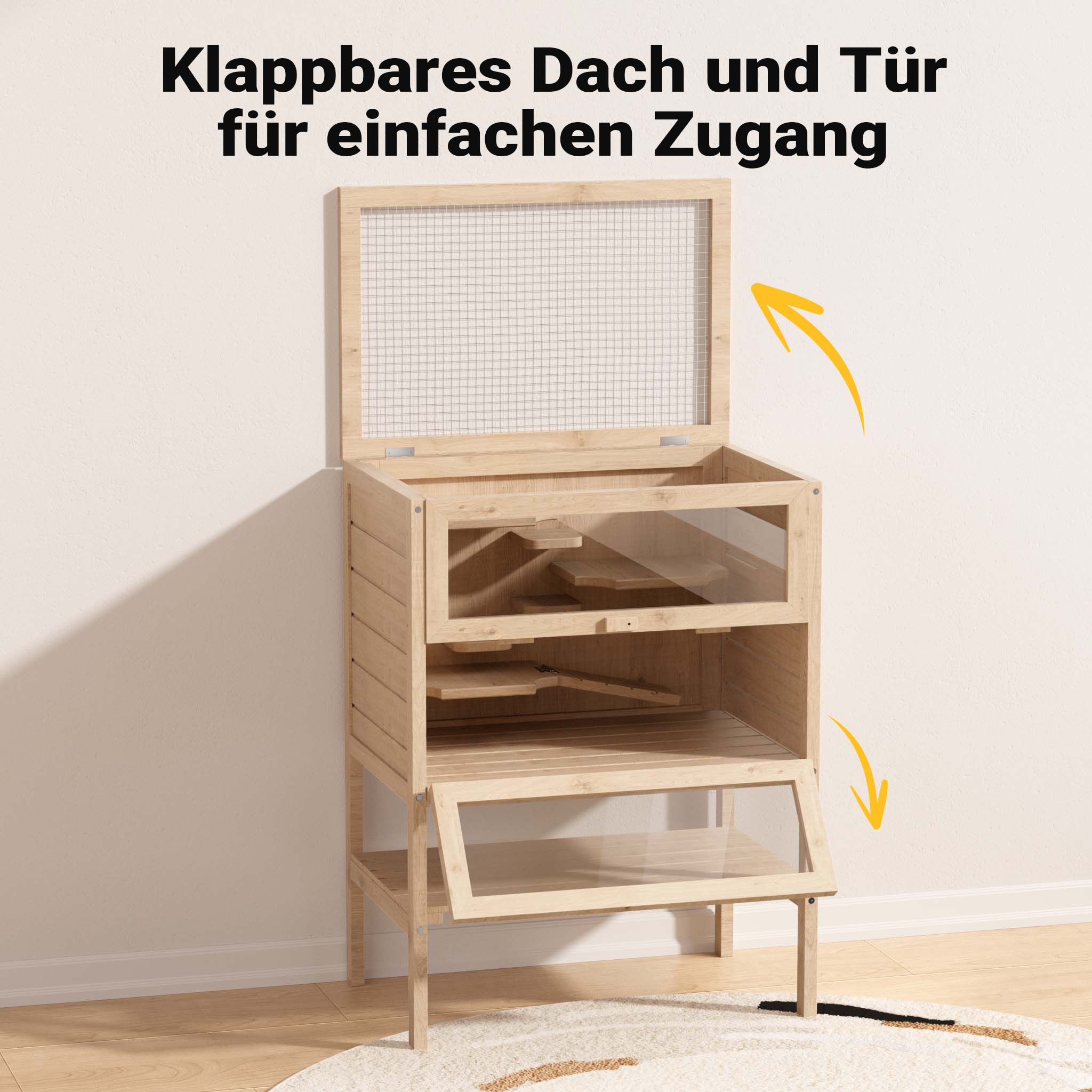 Gabbia per roditori piccoli animali a 3 livelli in legno e plexiglas con tetto apribile