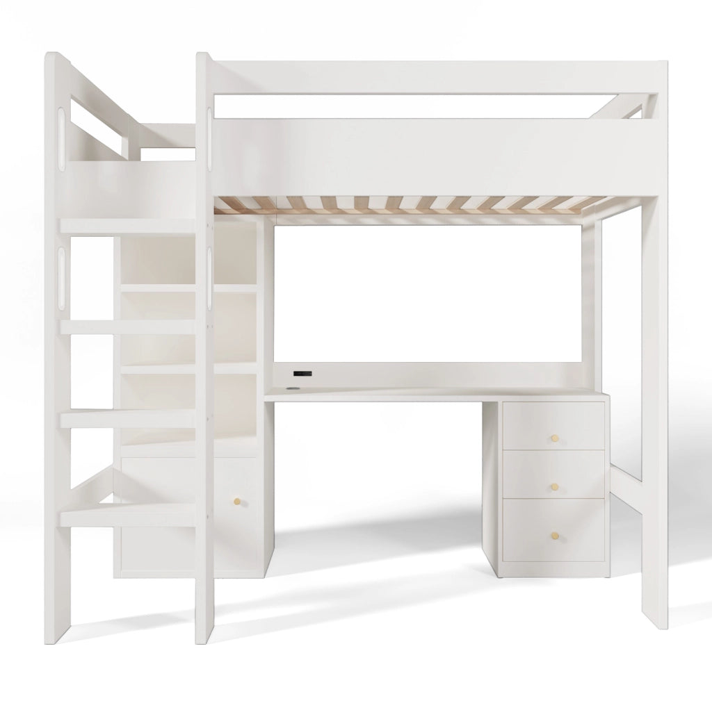 Letto a soppalco 90x200 con scrivania USB-C; armadio e cassetti; bianco