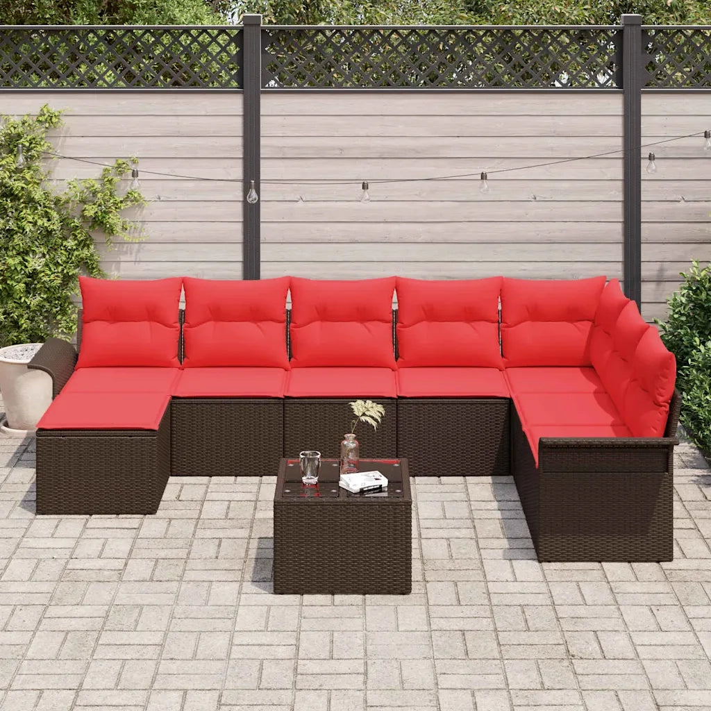 Set Divano da Giardino con cuscino 9 pcs Marrone Poly Rattan