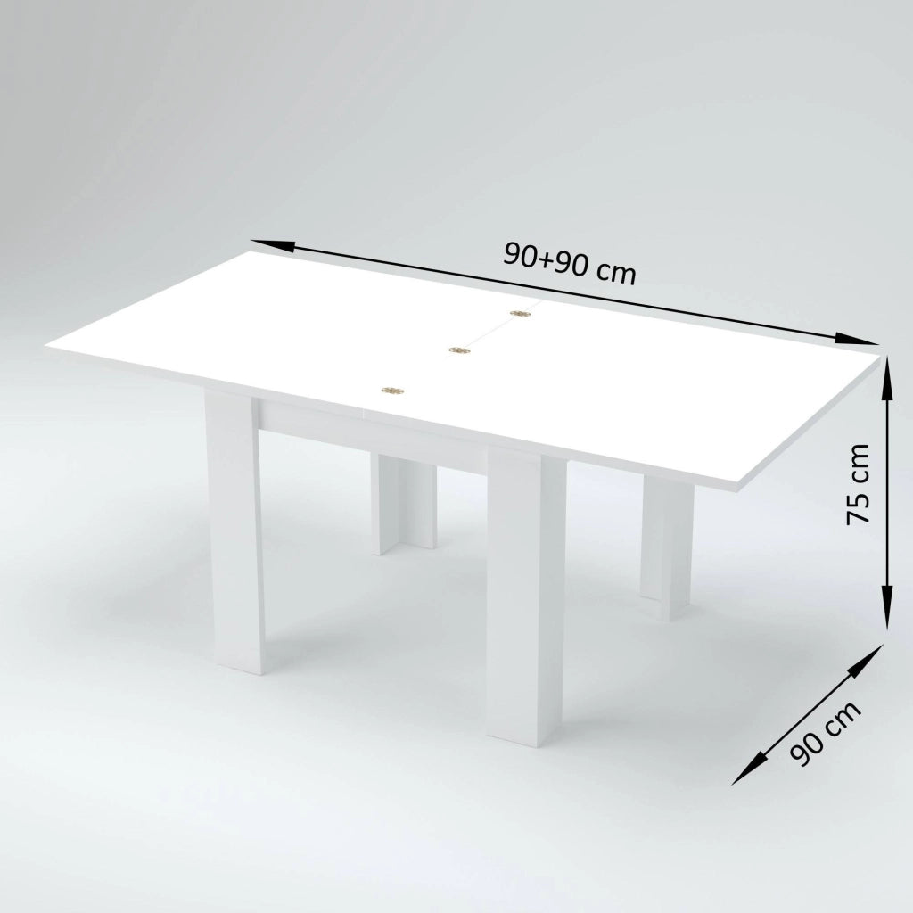 Tavolo da pranzo con apertura a Airin, Made in Italy, Consolle ausiliare da cucina, Tavoloallungabile, cm 90x90h75, Bianco lucido Larice