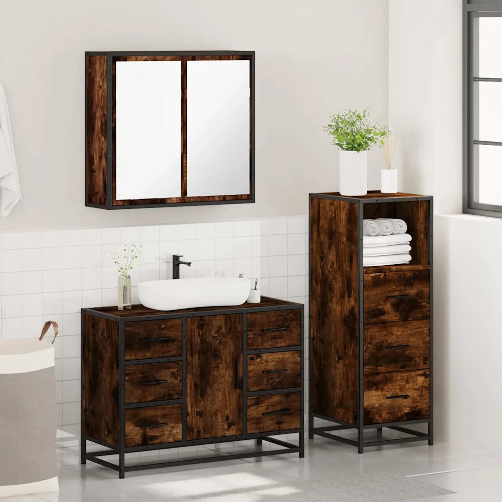 Set Mobili da Bagno 3 pz Rovere Fumo in Legno Multistrato 3301022