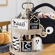 Decorazioni di Halloween da tavola, set di 6 pezzi, contenente: fantasma, strega, pompa di Halloween, casa spettrale, pipistrello, bara e collana di perle in legno.