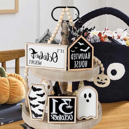 Decorazioni di Halloween da tavola, set di 6 pezzi, contenente: fantasma, strega, pompa di Halloween, casa spettrale, pipistrello, bara e collana di perle in legno.