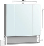 VASAGLE Mobile da Bagno con Illuminazione a LED, 16,5 x 70 x 75 cm, Multipresa Cestino Appeso Supporto per Asciugacapelli per Bagno Lavabo, Bianco Nuvola e Grigio Tortora BBK126G01