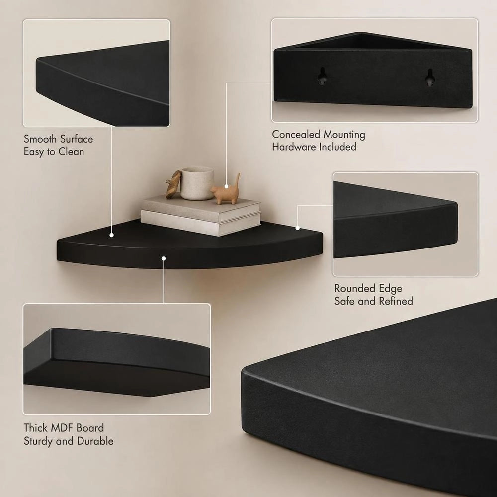 Corner Floating Shelf, Black, 35x35x3.8 Cm, MDF