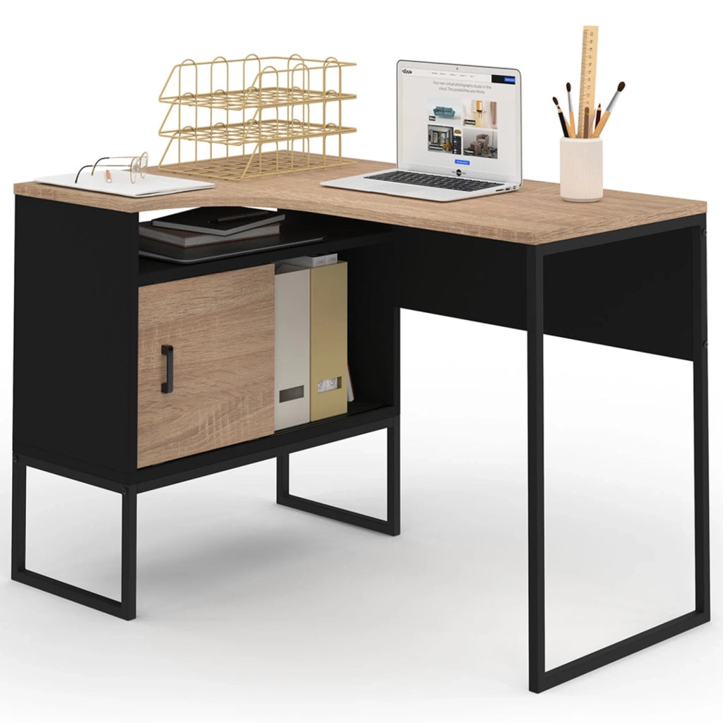 IDMarket - Scrivania angolare ROB in finitura nera e faggio con nicchia portaoggetti e anta dal design industriale
