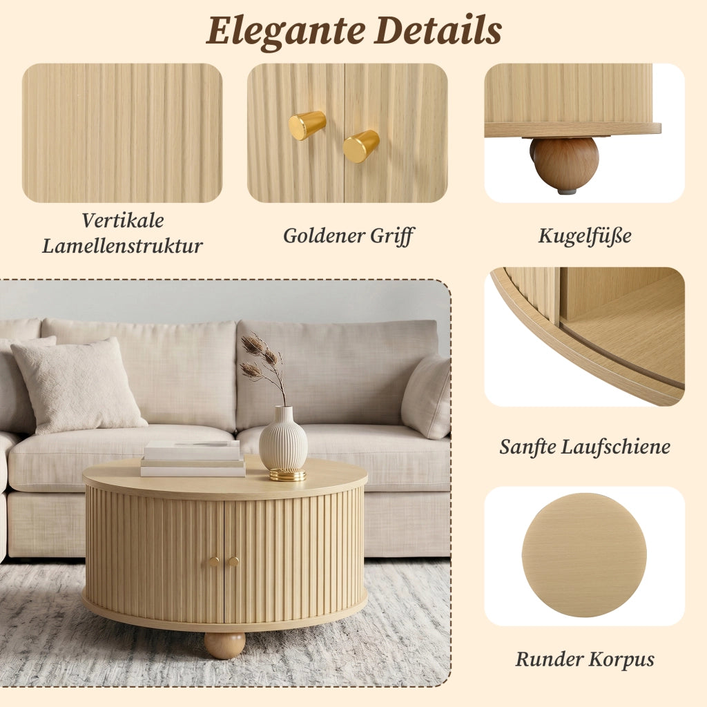 Tavolino basso rotondo con 2 ante scorrevoli, 4 vani interni e struttura in MDF, naturale, 72 × 72 × 38 cm