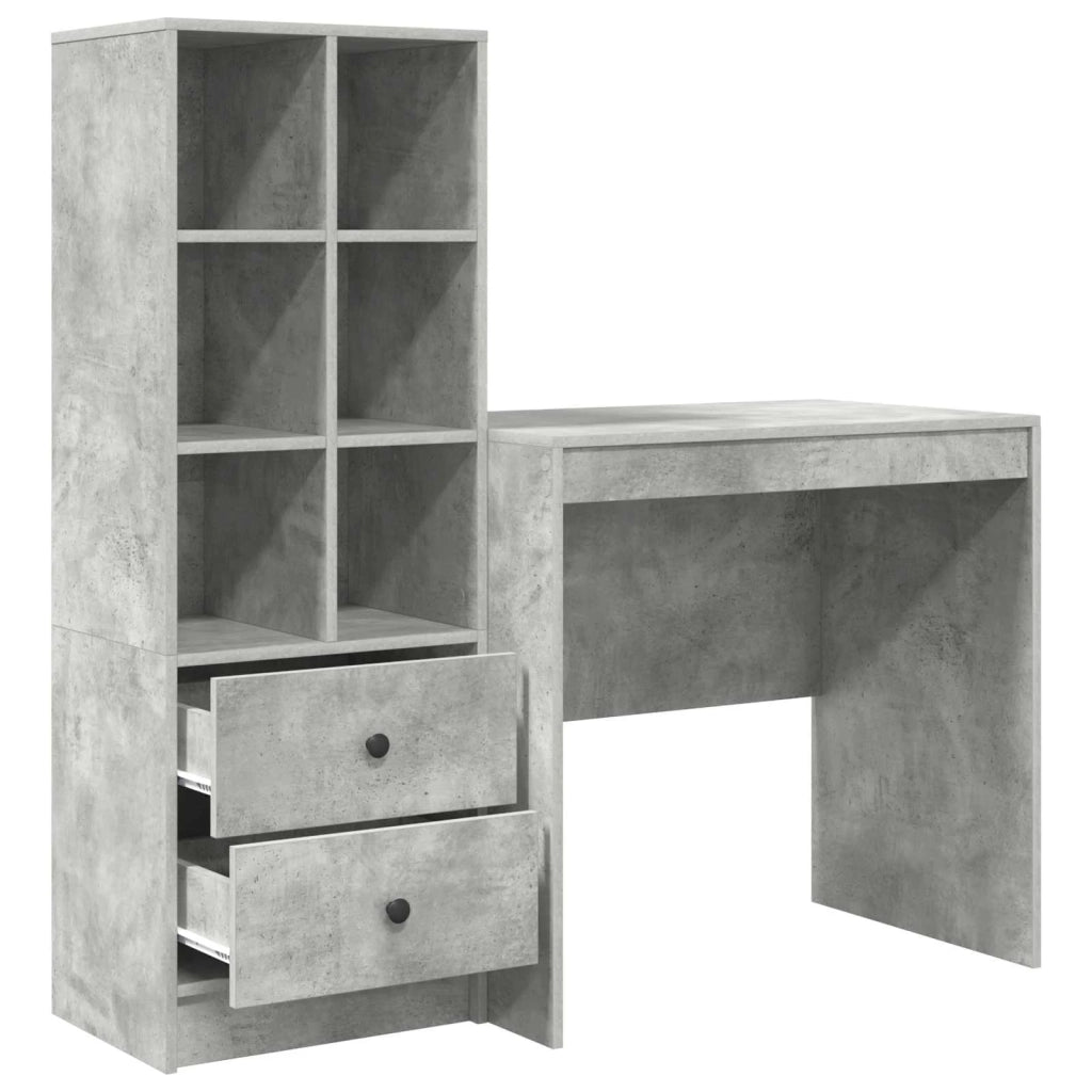 Scrivania | Tavolo da Ufficio con cassetto con lo scaffale 2 pz Grigio cemento