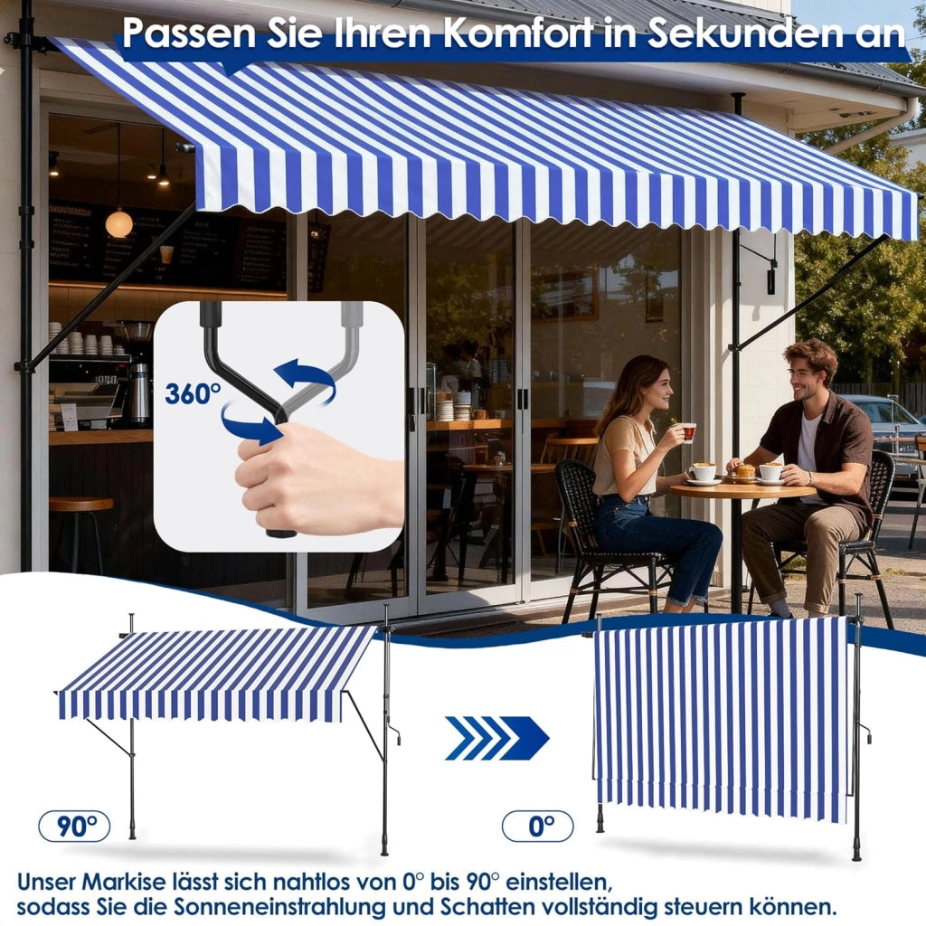 Tenda da sole da balcone, larghezza 400 cm, senza foratura, con manovella, regolabile in altezza, protezione solare resistente alle intemperie, 400 x 120 cm, strisce blu