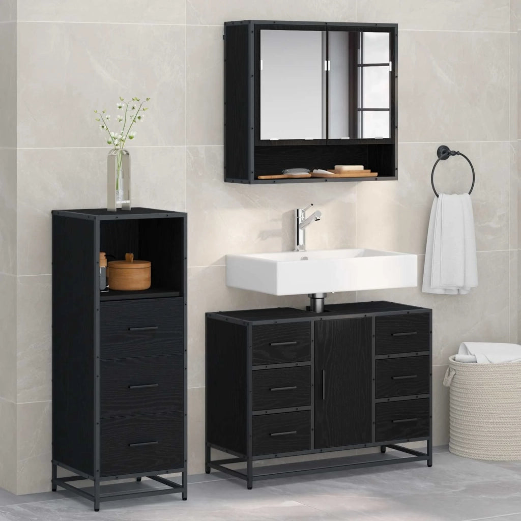 Set di mobili per il bagno 3 pcs Rovere Nero Legno multistrato 3402496