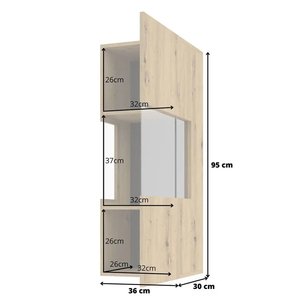 Piccola vetrina sospesa con 1 porta parzialmente vetrata, collezione EVA. Colore rovere e nero.