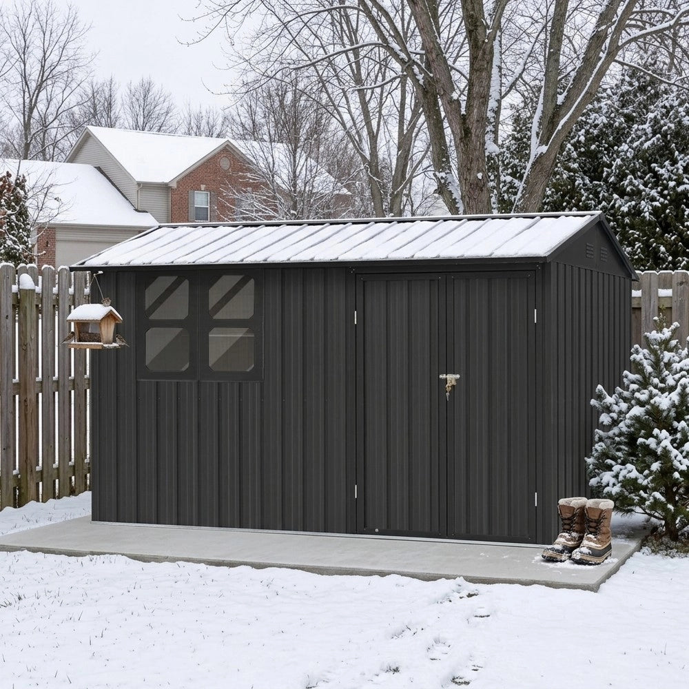 Casetta da Giardino in Metallo con Porta, Finestra e Serratura ¨C MINIMAL ¨C Nero, 362x285.5 cm