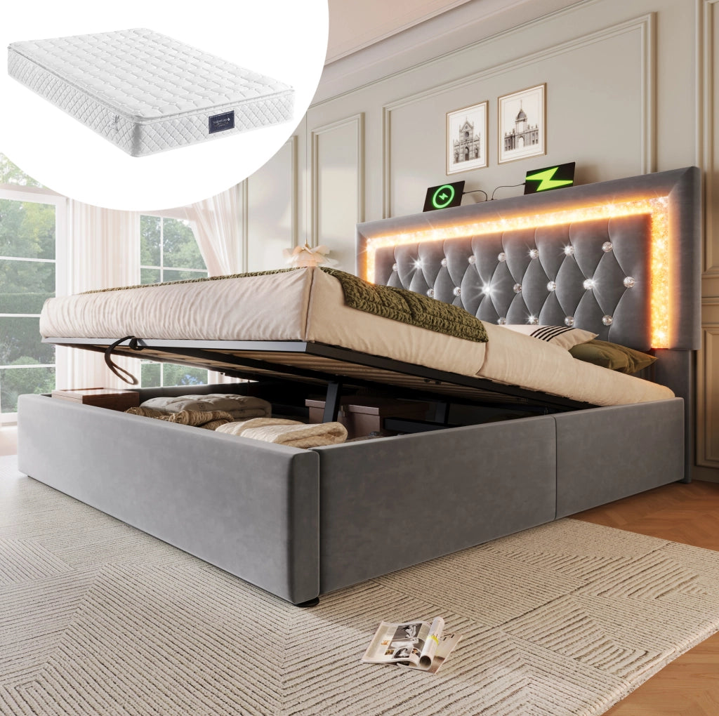 Letto matrimoniale 140x200 cm in velluto grigio con LED; USB e vano contenitore; materasso incluso