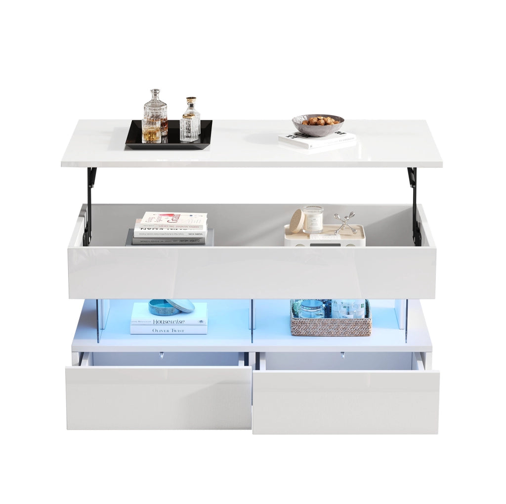 Tavolino da salotto sollevabile 100 x 50 x 46 cm bianco in MDF con LED e 2 cassetti