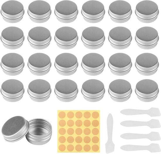 24 contenitori in alluminio da 5 ml - Creme vuote per riempimento - Contenitori da mostarda - Piccoli barattoli con coperchio - Bottoni di pomata - Bottoni per balsami labiali - Etichette e cucchiai