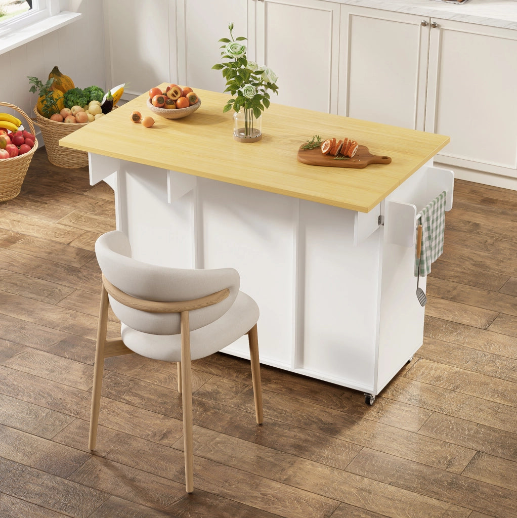 Isola da cucina su ruote con piano ribaltabile 120x45(70)x92 cm in MDF natural e bianco