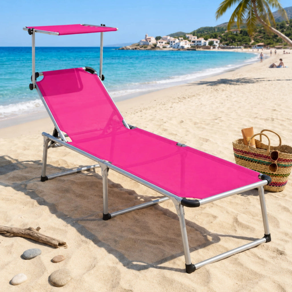 Lettino Pieghevole Prendisole Con Tettuccio Parasole Schienale Reclinabile Regolabile in 6 Posizioni Sedia Sdraio Per Spiaggia Mare Giardino Piscina 187 x 59 x 29 Cm Rosa