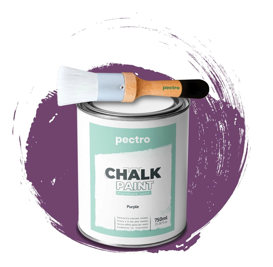 Chalk Paint Vernice a Gesso 750ml + Pennello Tondo in Legno Pack PORPORA - Pittura per Mobili Senza Carteggiare