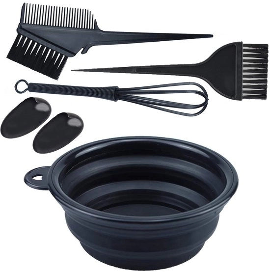Set di applicazione capelli (5 pezzi) con manico a forma di T

- Contiene: set di applicazione capelli, composto da un contenitore pieghevole, pennello per vernice, spazzola per vernice e clip per capelli (nero)