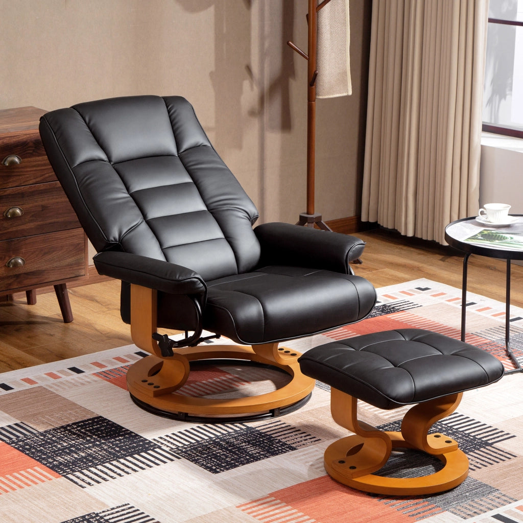 Poltrona Relax Girevole Reclinabile con Poggiapiedi ¨C Minimal ¨C Similpelle Nero Legno