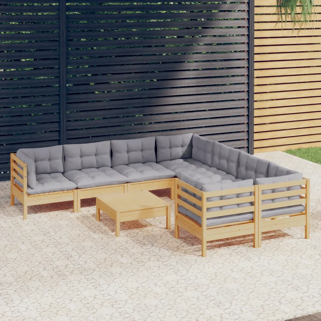 Set Divani da Giardino 9 pz con Cuscini Grigi Massello di Pino cod mxl 39270