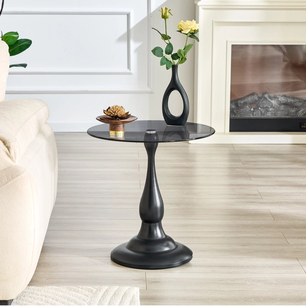 Tavolino basso in vetro temperato con base in metallo rotondo per soggiorno e camera da letto nero 53,5 × 53,5 × 21 cm