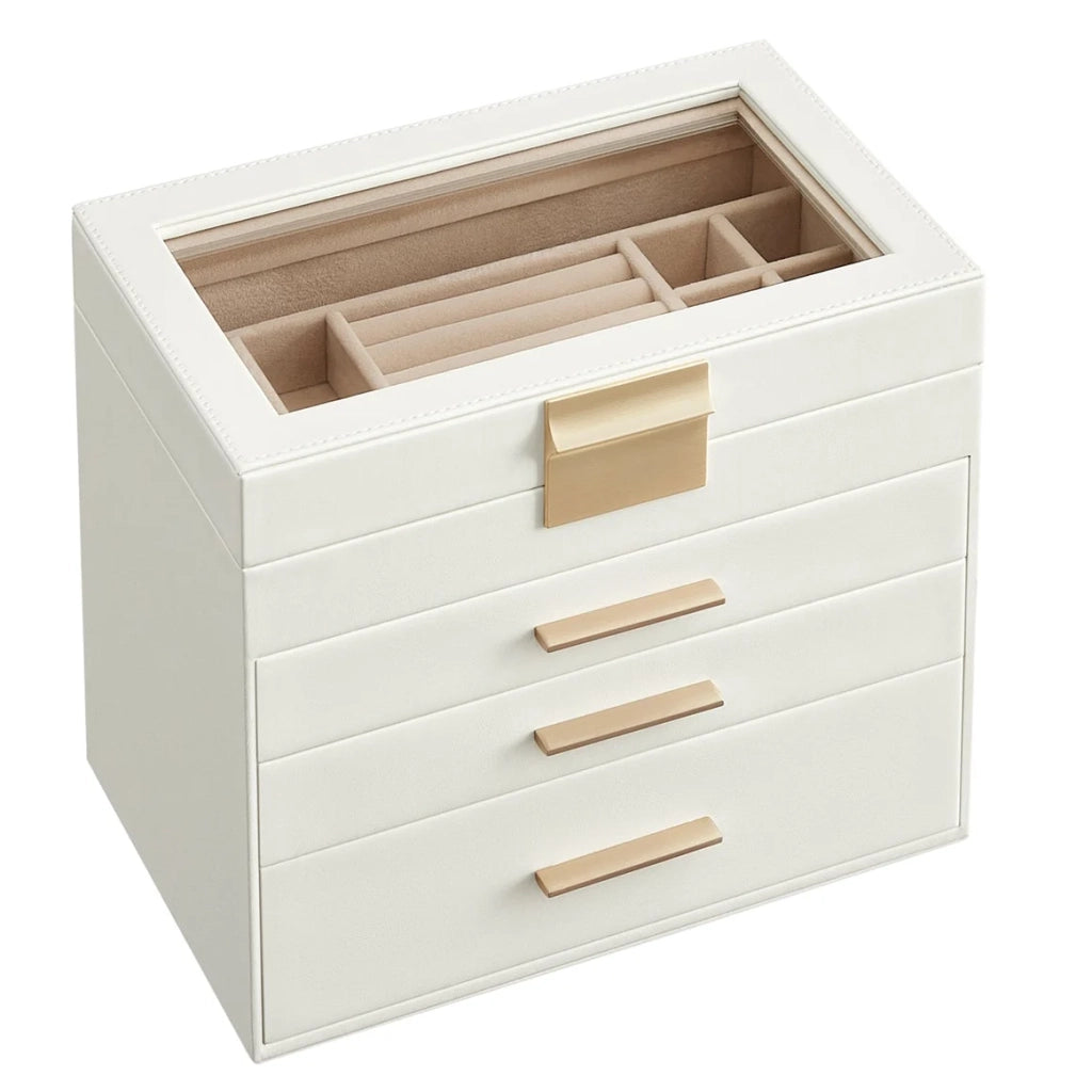 Portagioie cofanetto per accessori a 4 livelli scatola portaoggetti con coperchio in vetri 3 cassetti per occhiali da sole custodia per gioielli moderna bianco nuvola 12_0004321