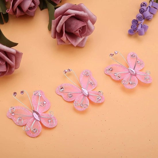 24 pezzi di tessuto di rete trasparente con glitter e farfalle delicate in nylon per decorazioni di matrimonio DIY (rosa)