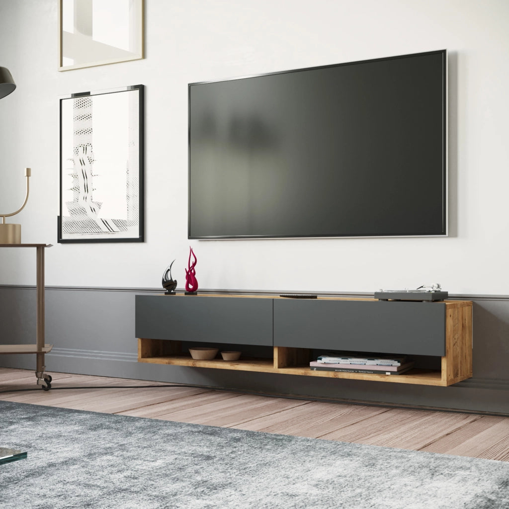 Consolle da Parete 'Laitila' con 2 Ante e Scomparti Mobile Pensile Porta TV 140 cm - Rovere Rustico/Antracite [en.casa]