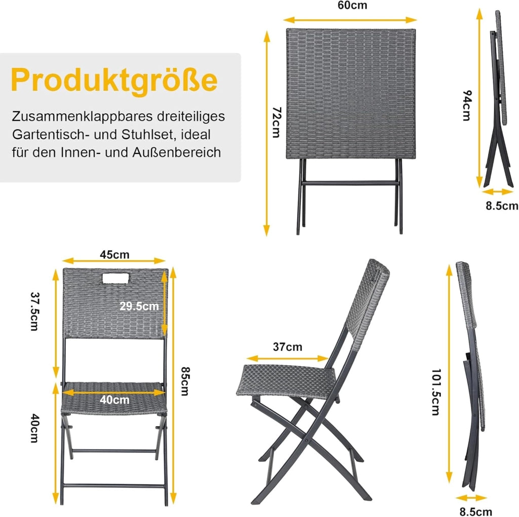 Set di Mobili da Balcone Pieghevole da 3 Pezzi, Mobili da Bistrot, Set Giardino in Rattan, 1 Tavolo e 2 Sedie, Sedia Pieghevole per Balcone, Giardino e Terrazza, Grigio