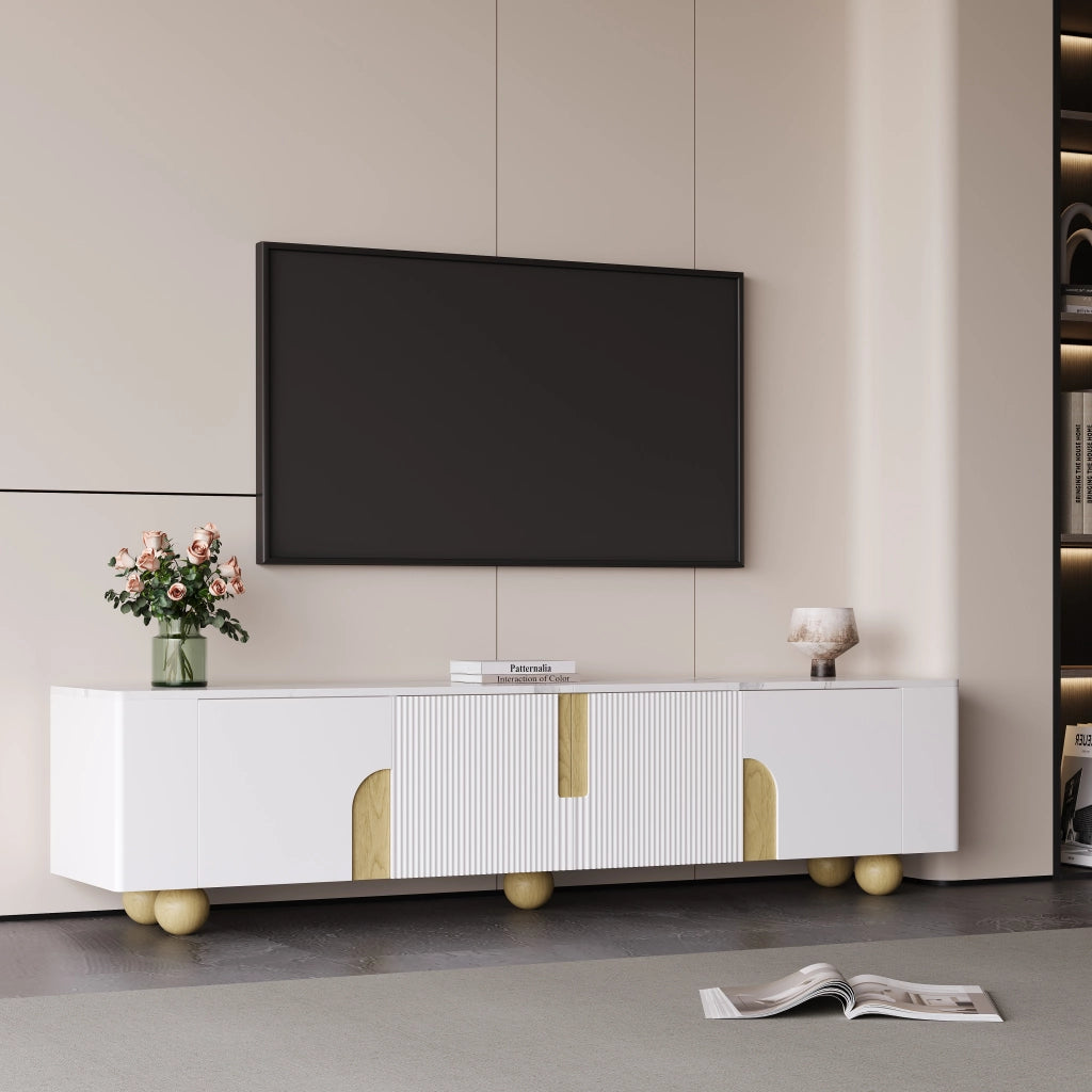 Mobile TV con 4 Ante; Superficie Effetto Marmo; per Soggiorno; in MDF e Pannelli di Particelle; 180×40×44 cm; Bianco e Legno