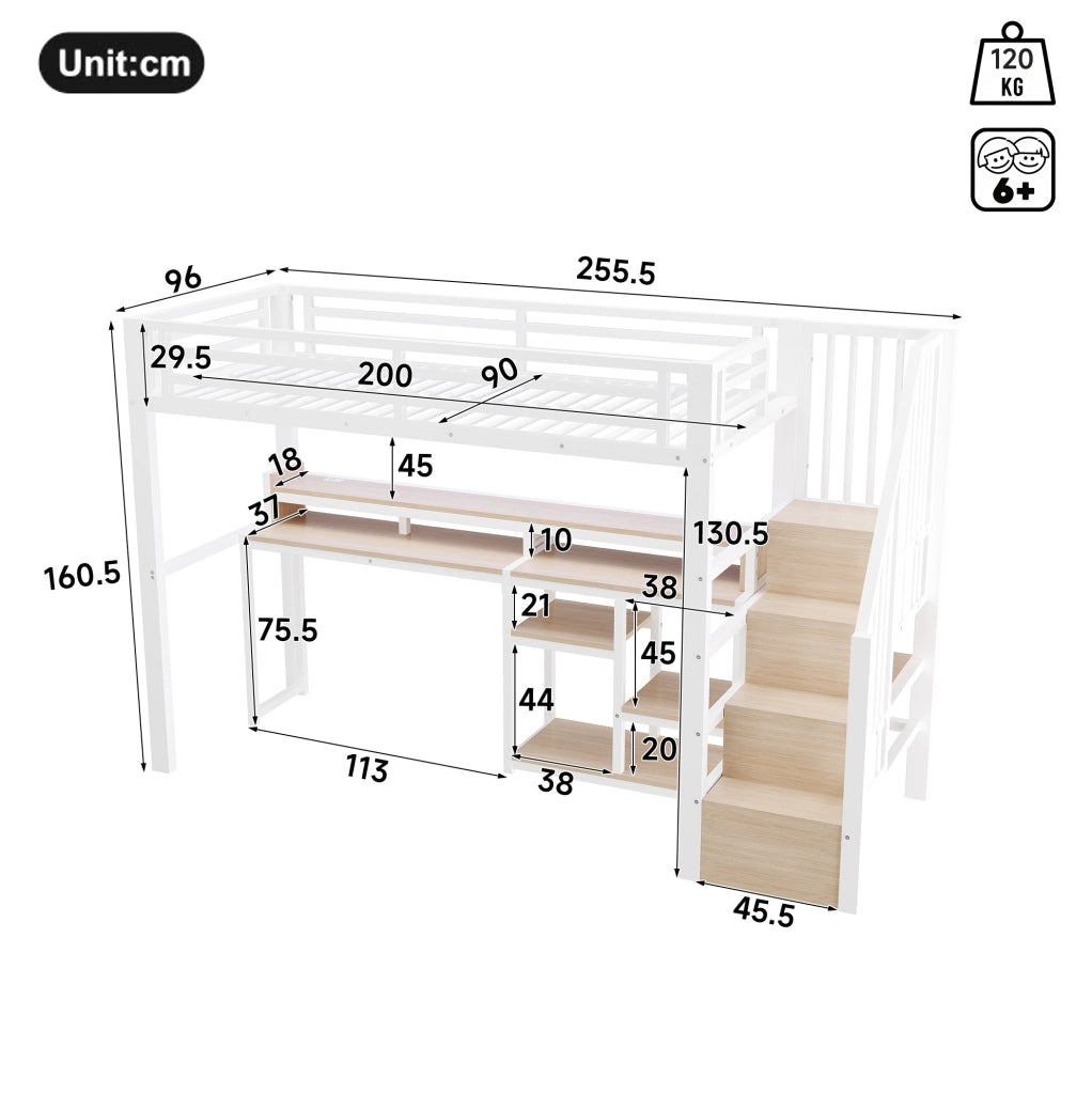 Letto a soppalco 90x200 cm in metallo e MDF con scala; ripiani; LED e USB; bianco
