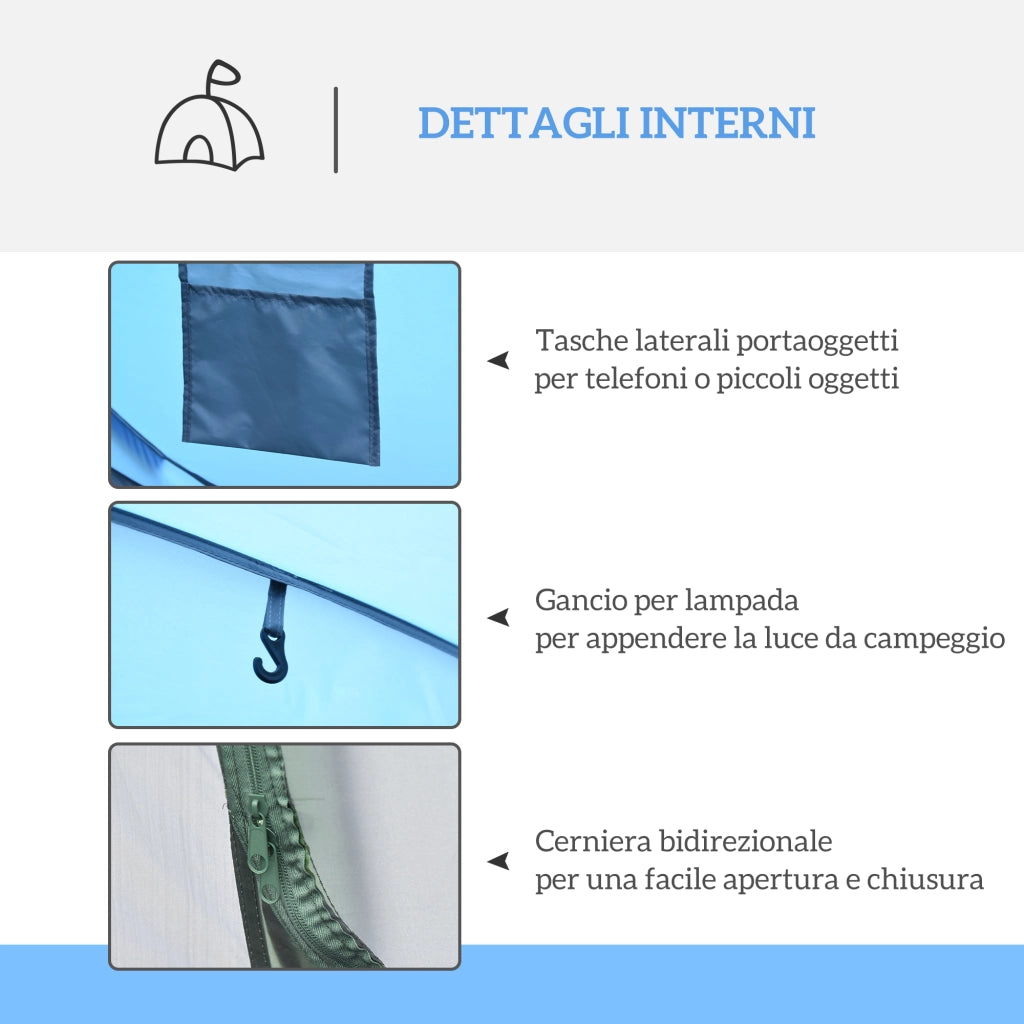 Tenda da Campeggio Pop Up 2 Posti con 2 Porte, 4 Finestre e Telo Impermeabile, 263.5x220x123 cm, Blu