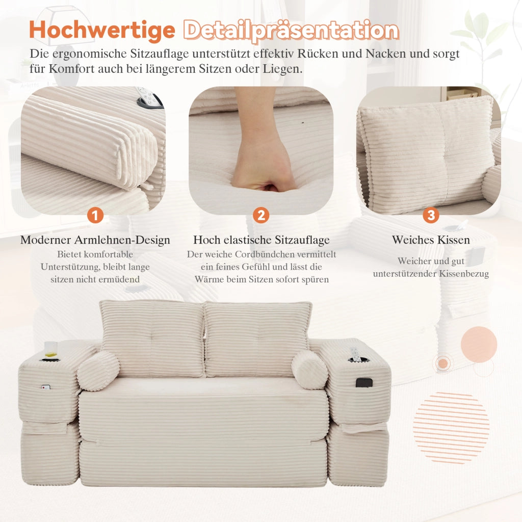 Divano letto modulare con tasche portabicchieri braccioli rimovibili e cuscini in memory in velluto a coste beige