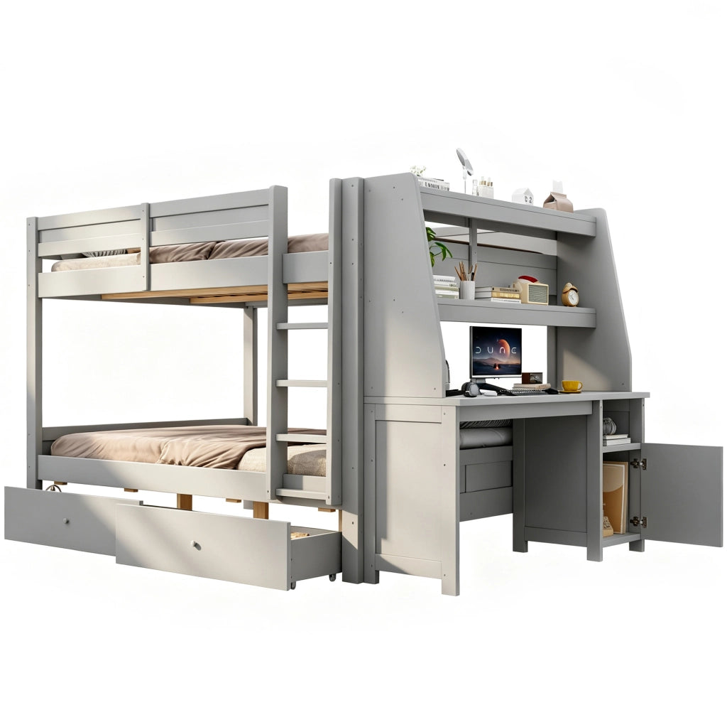 Letto a castello 140x200 cm con scrivania, armadio laterale e cassetti