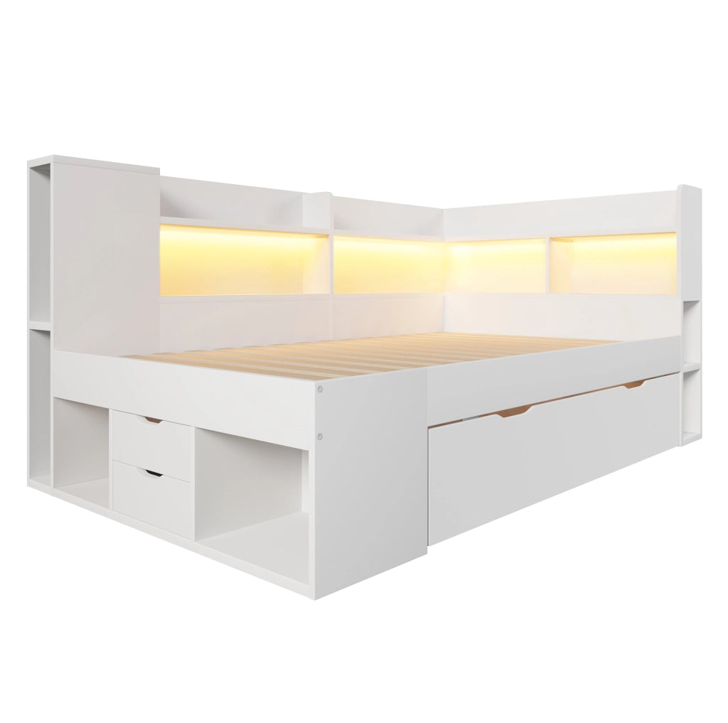 Letto da giorno ULEVR 90x200 cm con LED, USB e Type-C, cassetti e ripiani, bianco