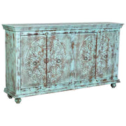 Credenza a 4 ante in legno con finitura verde anticato, cm 180x42x101h