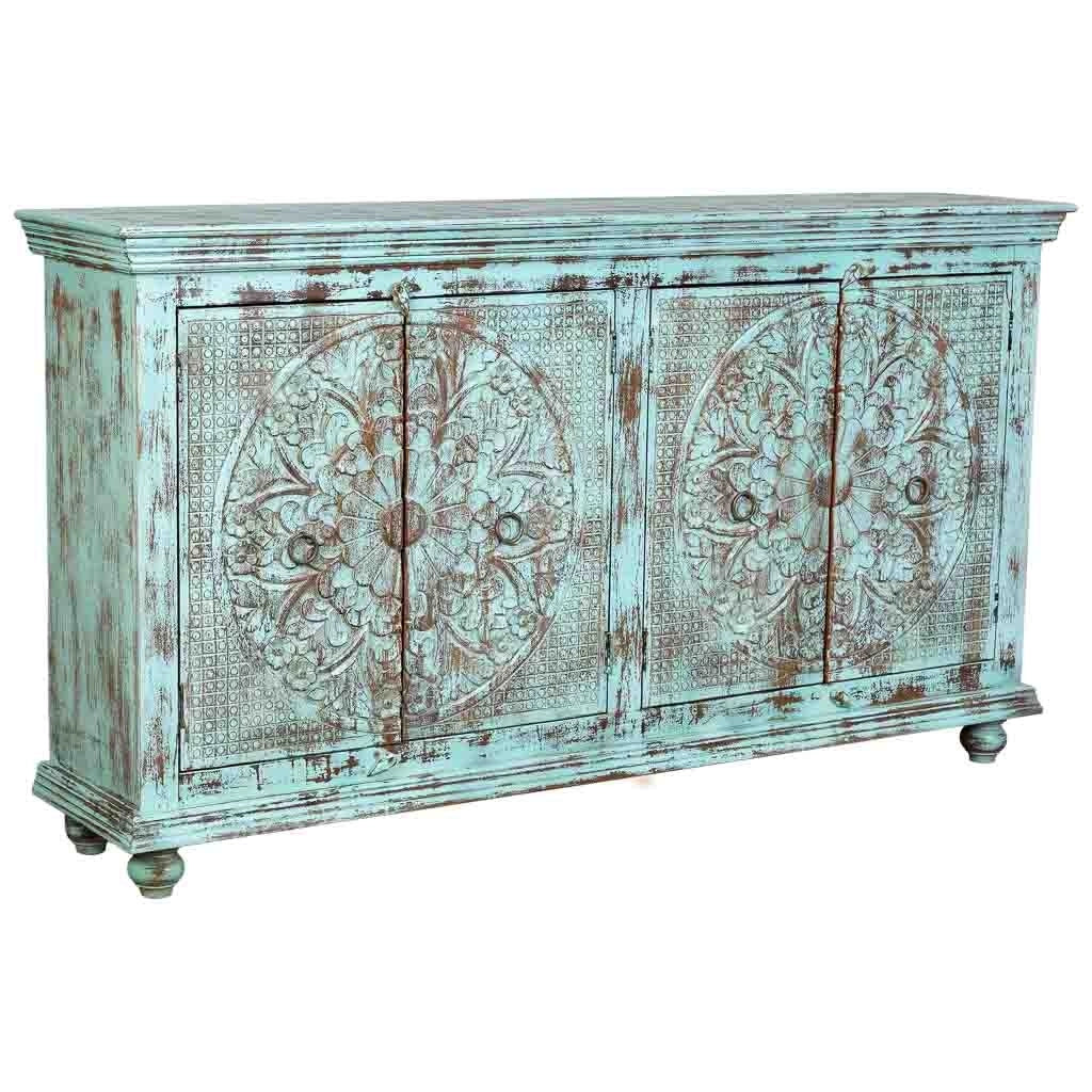 Credenza a 4 ante in legno con finitura verde anticato, cm 180x42x101h