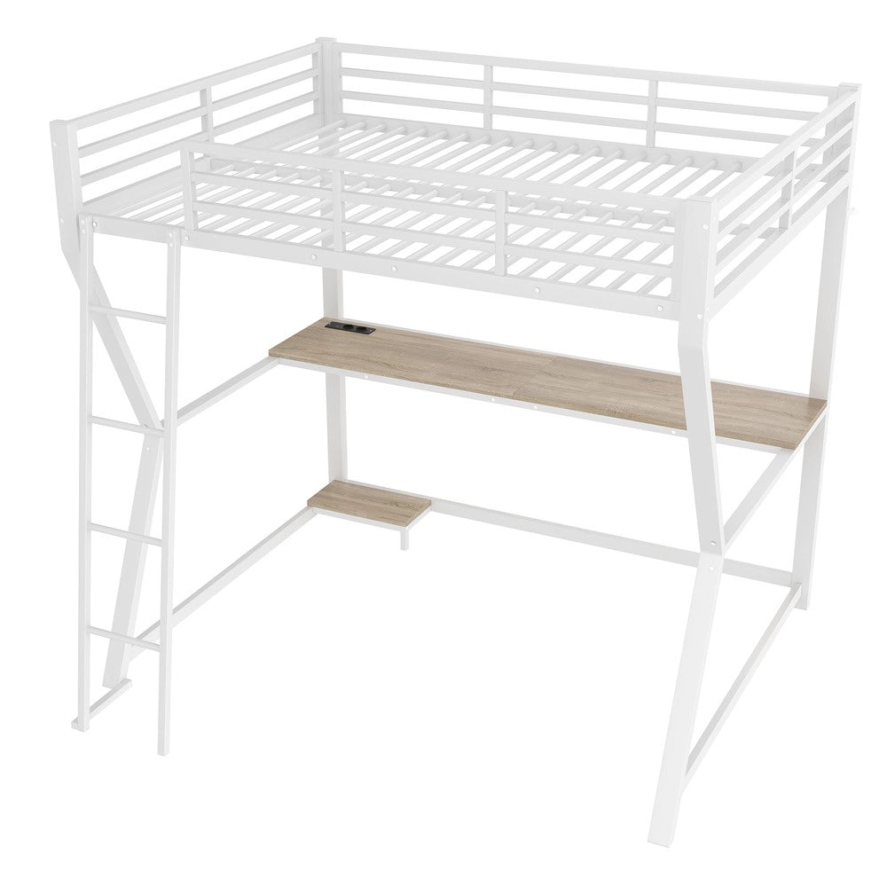 Letto a Soppalco con Scrivania, LED, Presa USB e Scala ¨C MINIMAL ¨C Bianco 140x200