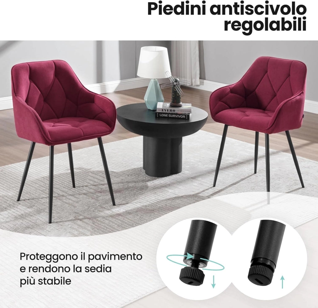 Set di 2 Sedie da Pranzo con Braccioli e Schienale, Sedie Cucina Moderna in Velluto, Poltrone da Salotto con Gambe in Metallo, Sedie ergonomiche per Ufficio, Bar, Bordeaux, EZS02bd-2