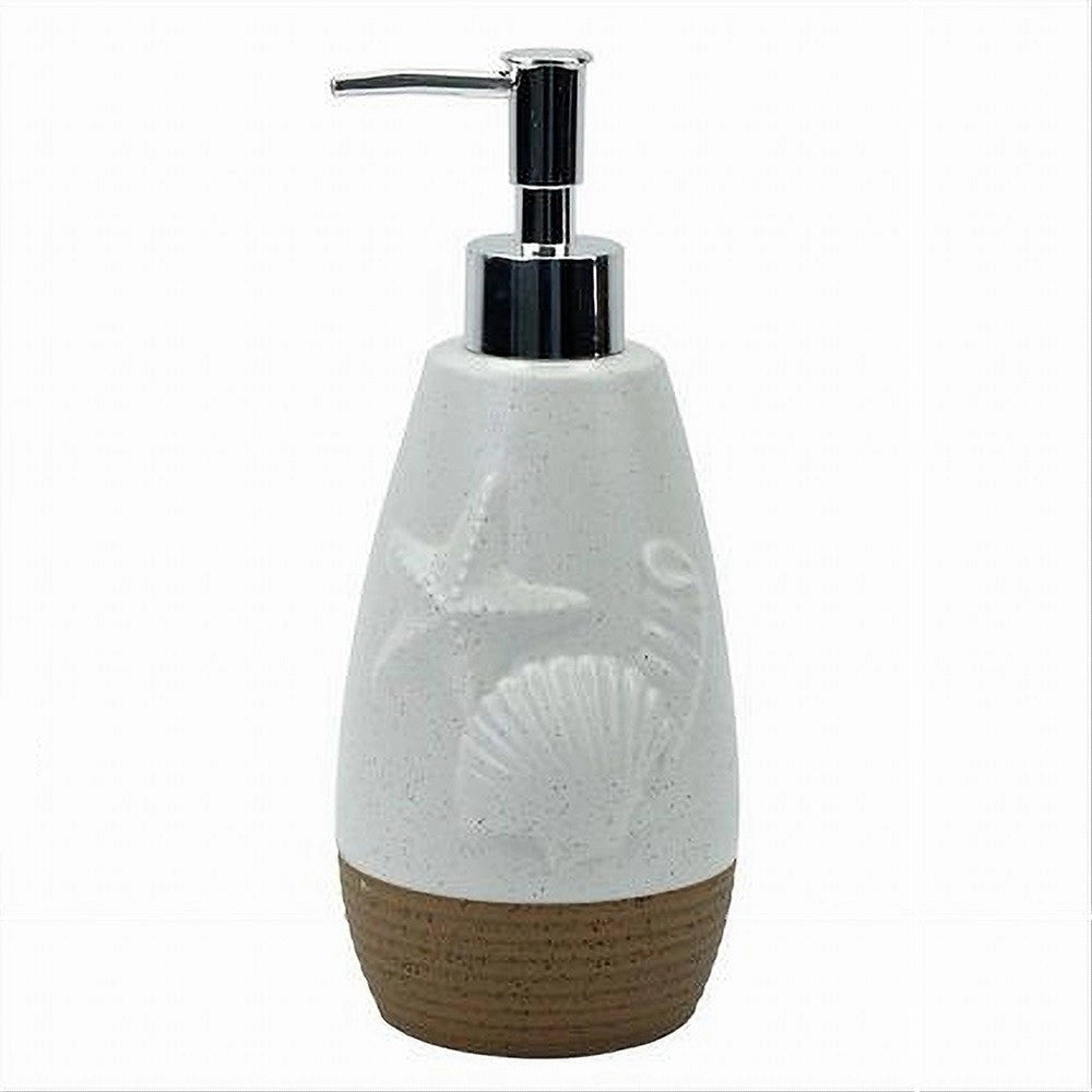 Trade Shop - Dispenser Per Sapone Liquido Bianco Decoro Marino Base Rigata Marrone Bagno 79268 -