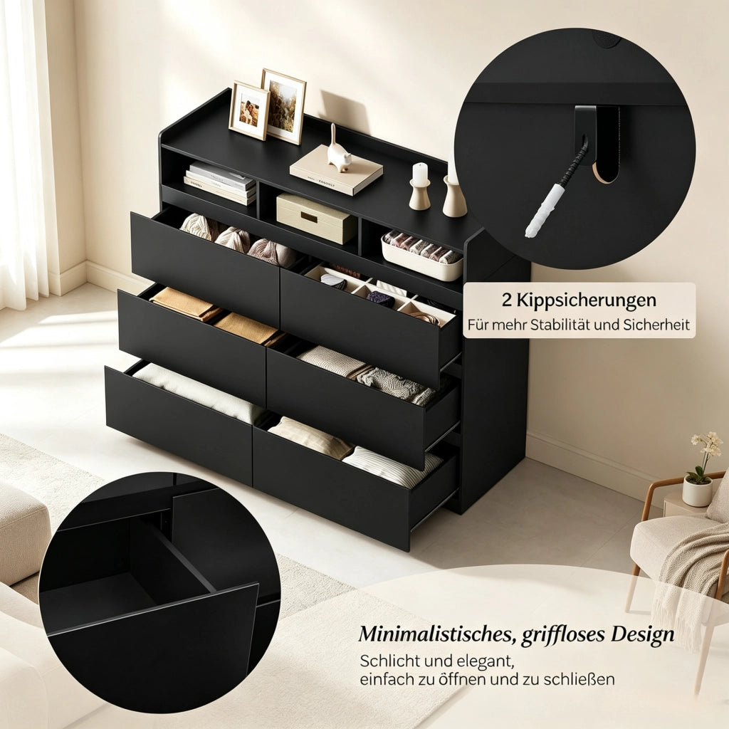 Cassettiera 4 livelli con 6 cassetti e 3 vani aperti 120x40x100 cm nera