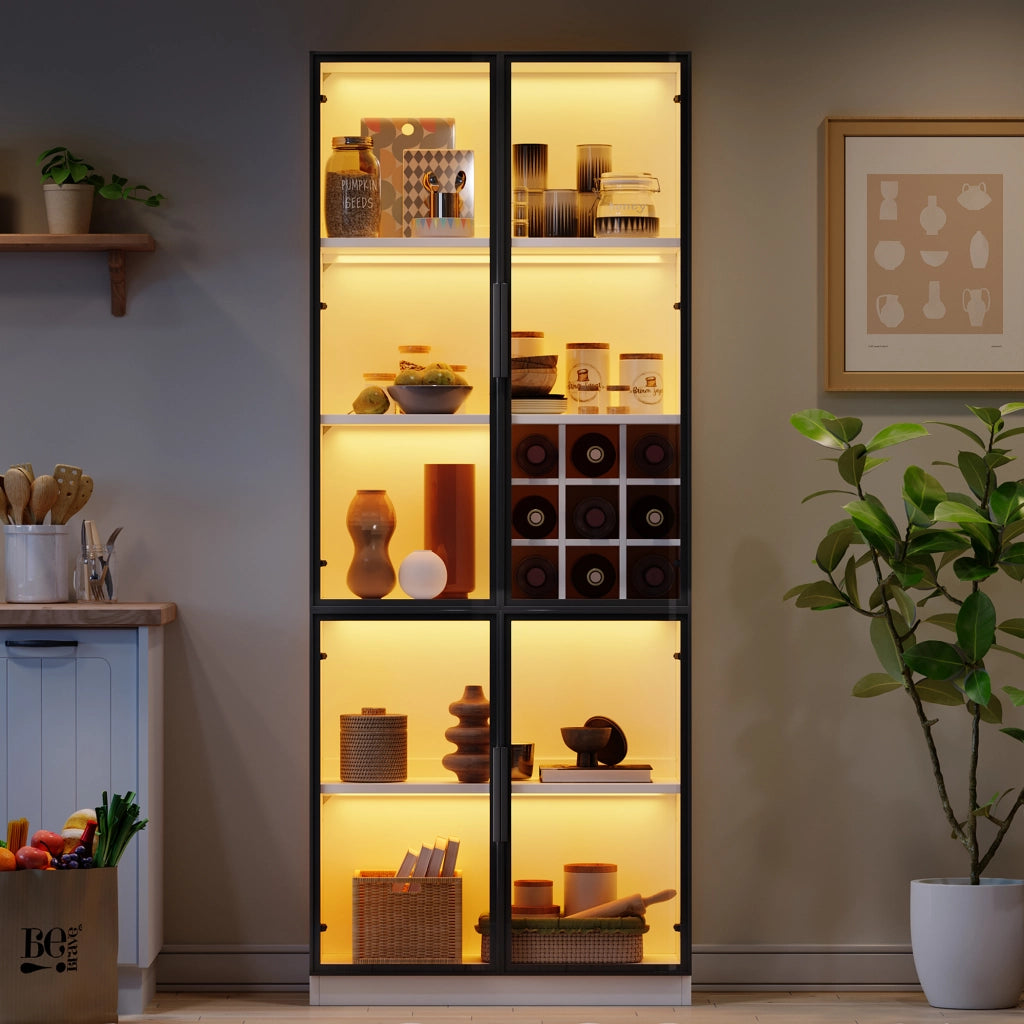 Vetrina con LED e portabottiglie con 2 ante in vetro per soggiorno o cucina in truciolare bianco 80 × 35 × 200 cm