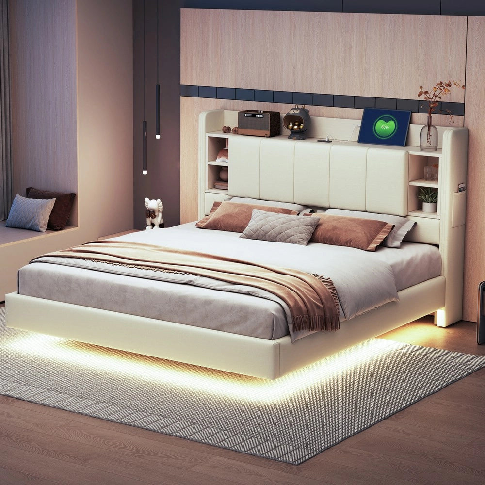 Letto imbottito matrimoniale con LED e USB ¨C Minimal ¨C Beige tessuto metallo 160x200cm
