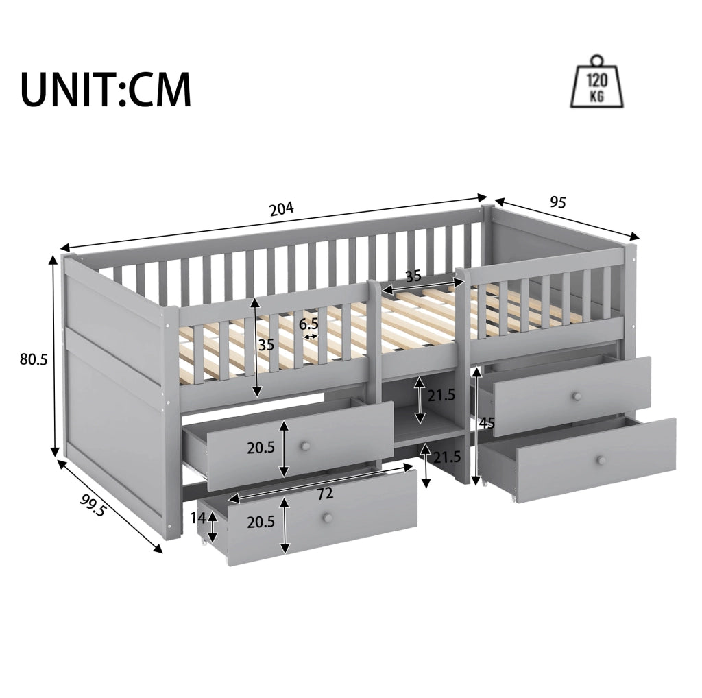 Letto semialto per bambini 90x200 cm con 4 cassetti grigio