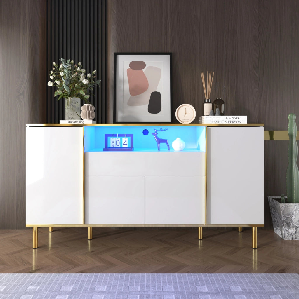 Credenza con 4 Ante e 1 Cassetto; LED; Finitura Lucida; Stile Moderno; per Soggiorno; in MDF; 150??40??80 cm; Bianco