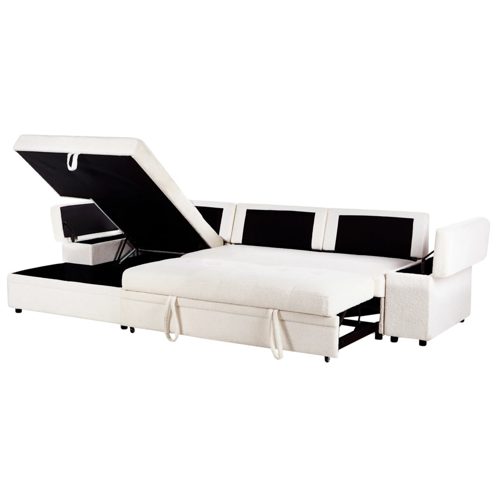 Divano letto angolare Bianco Boucle imbottito Orientamento a destra con letto contenitore