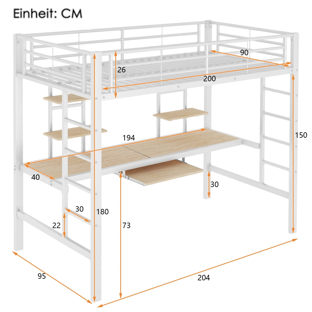 Letto a soppalco 90 × 200 cm con scrivania, 2 librerie e scala, senza materasso, in metallo bianco