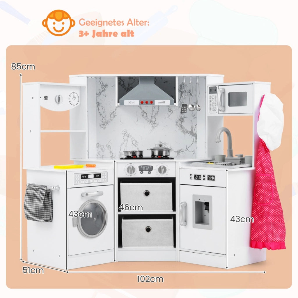 Cucina giocattolo per bambini in legno con luci e suoni realistici, Angolo cucina con cappa aspirante illuminata Bianco-Cucine giocattoli