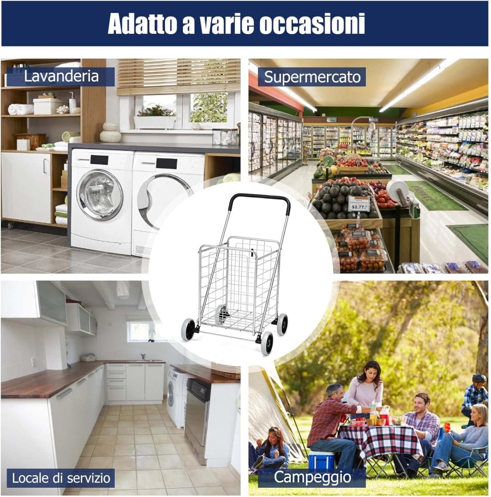 Carrello Portaspesa Pieghevole, Carrello Spesa con Ruote, Capacità di Carico: 45 kg, 83L, 57 x 58 x 91 cm (Argento)